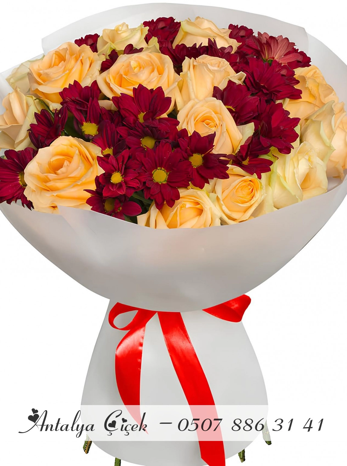 15 Krem Gül Buketi ve Kasımpatı Buketi