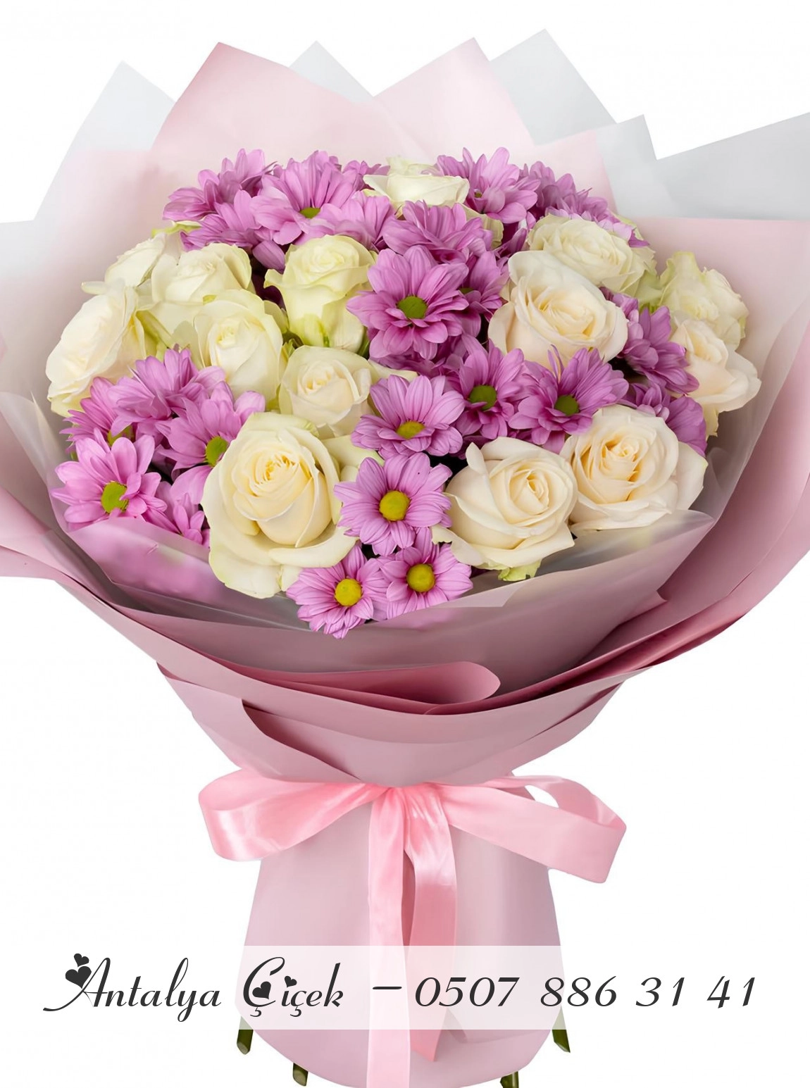 21 Beyaz Gül ve Mor Papatya Buketi