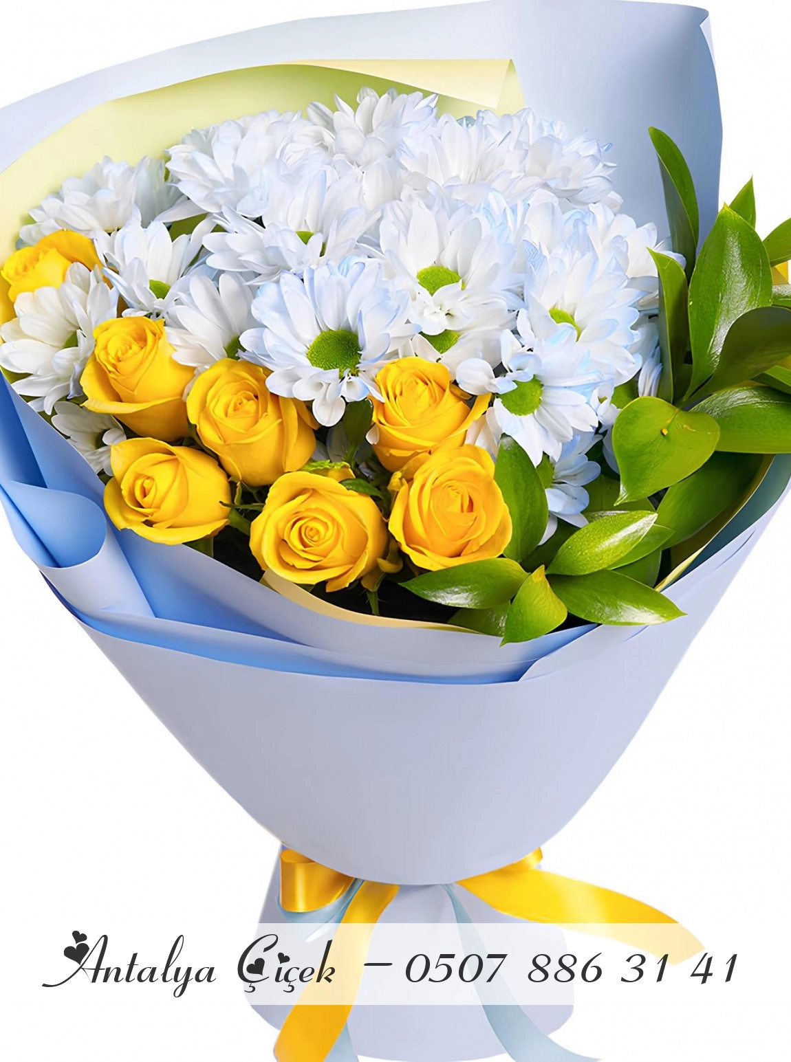 7 Sarı Gül ve Papatya Buketi