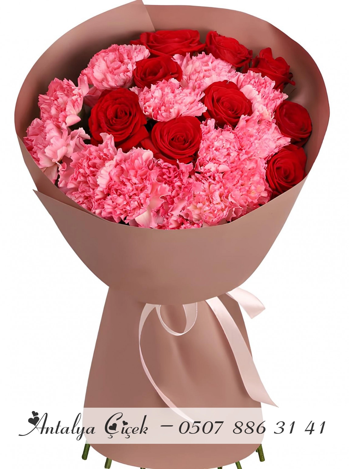 9 Gül ve 12 Pembe Karanfil Buketi