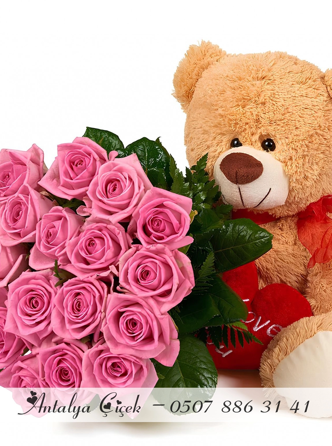 Ayıcıklı Pembe Gül Buketi