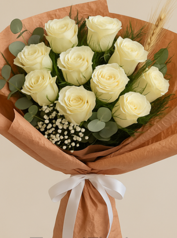 9 Adet Ithal Beyaz Gül Buketi