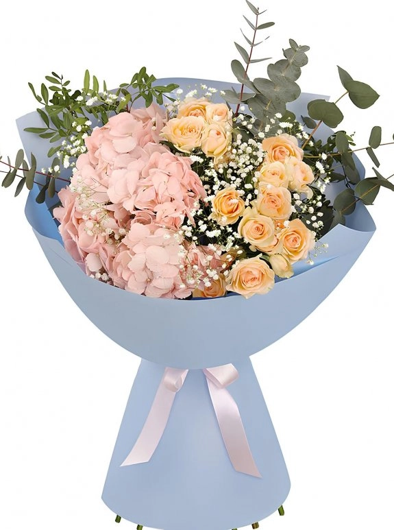 Pembe Ortanca Süslü Buket