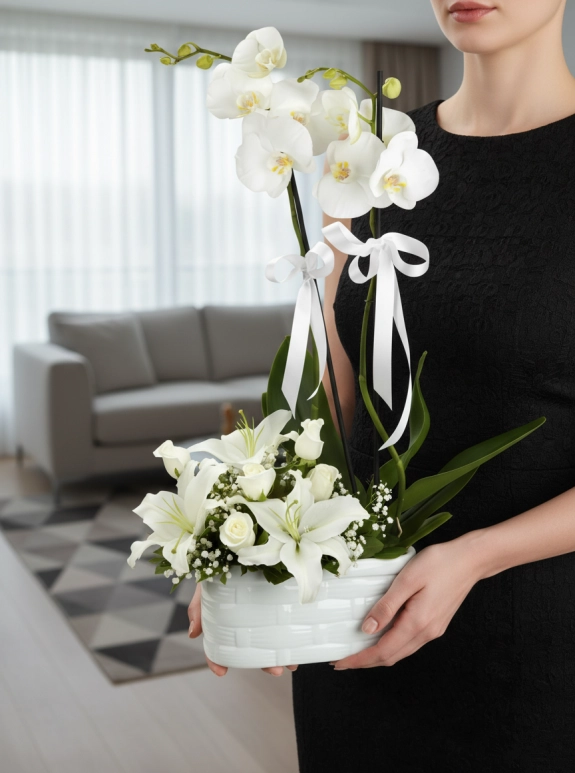 Seramikte Çift Dallı Beyaz Orkide